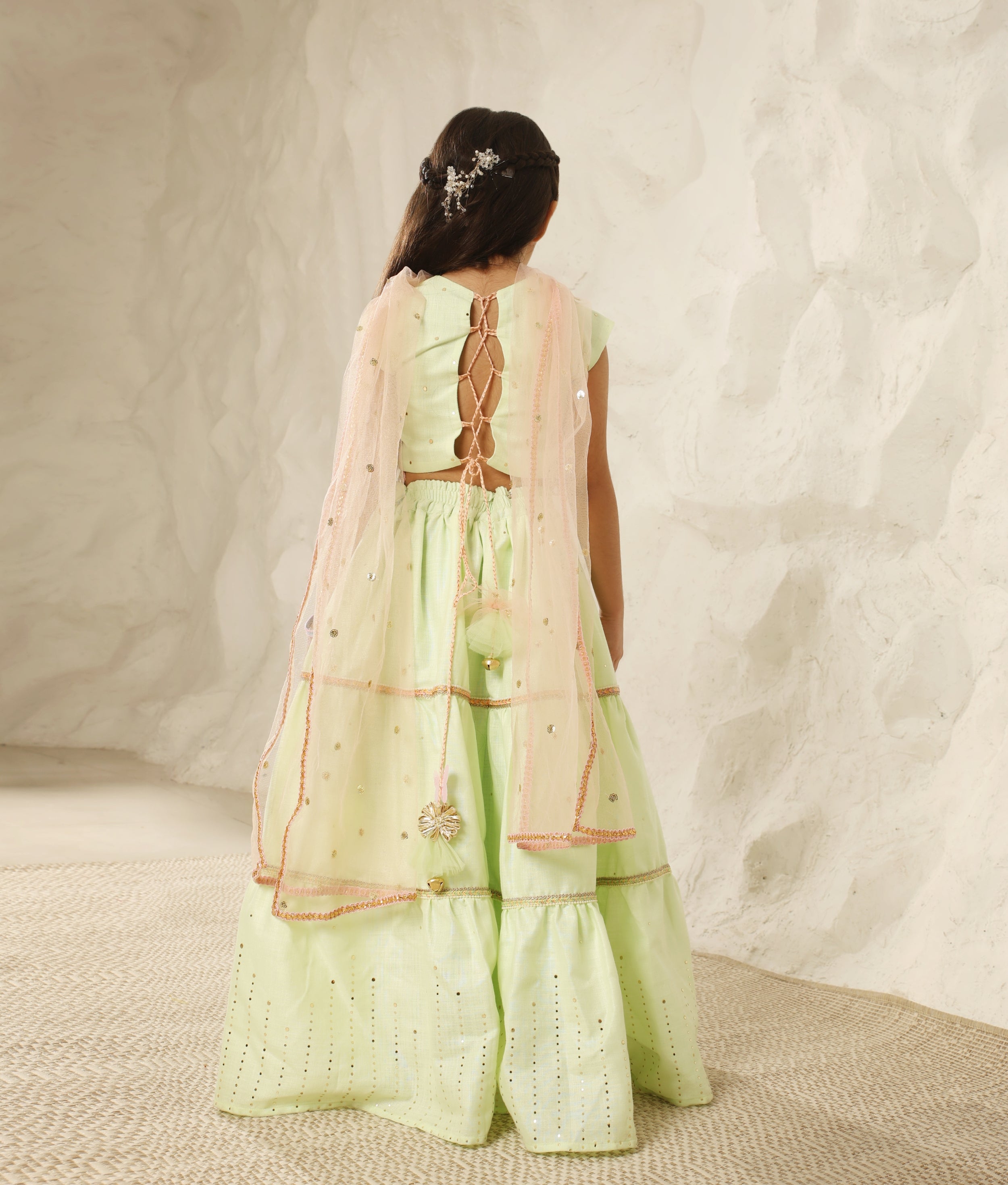 Green Faux Mukaish work Top & Skirt