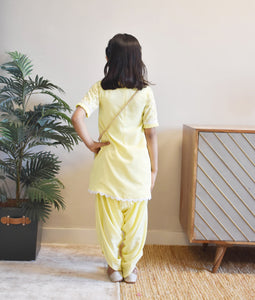 Yellow Net Sequence Dhoti Set