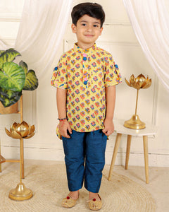 Cotton Print Kurta With Blue Pyjama