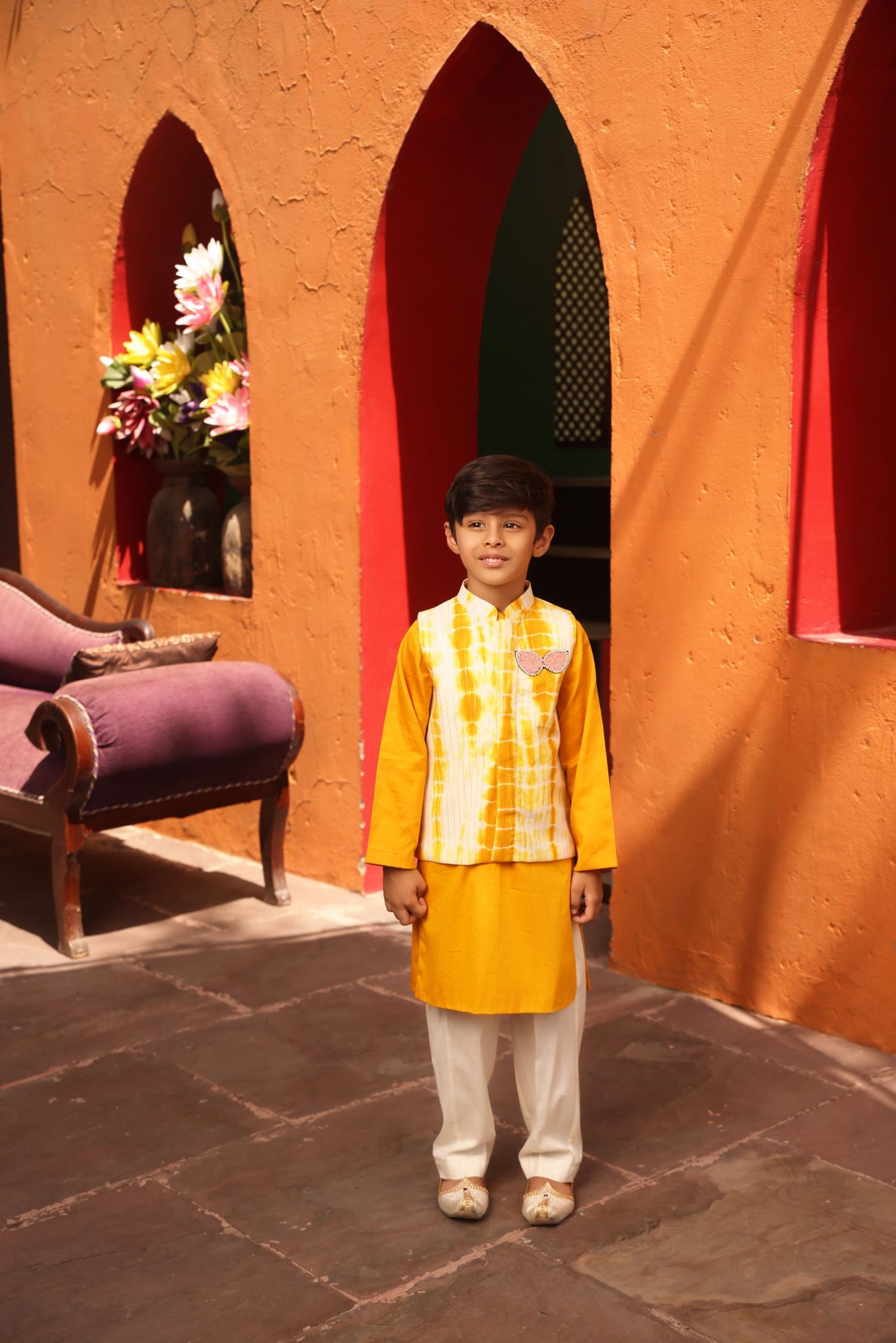 Yellow Tie And Die Nehru Jacket With Kurta And Pant