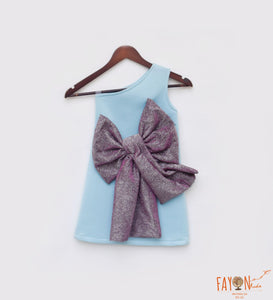 Blue Lycra Dress With Purple Shimmer Bow