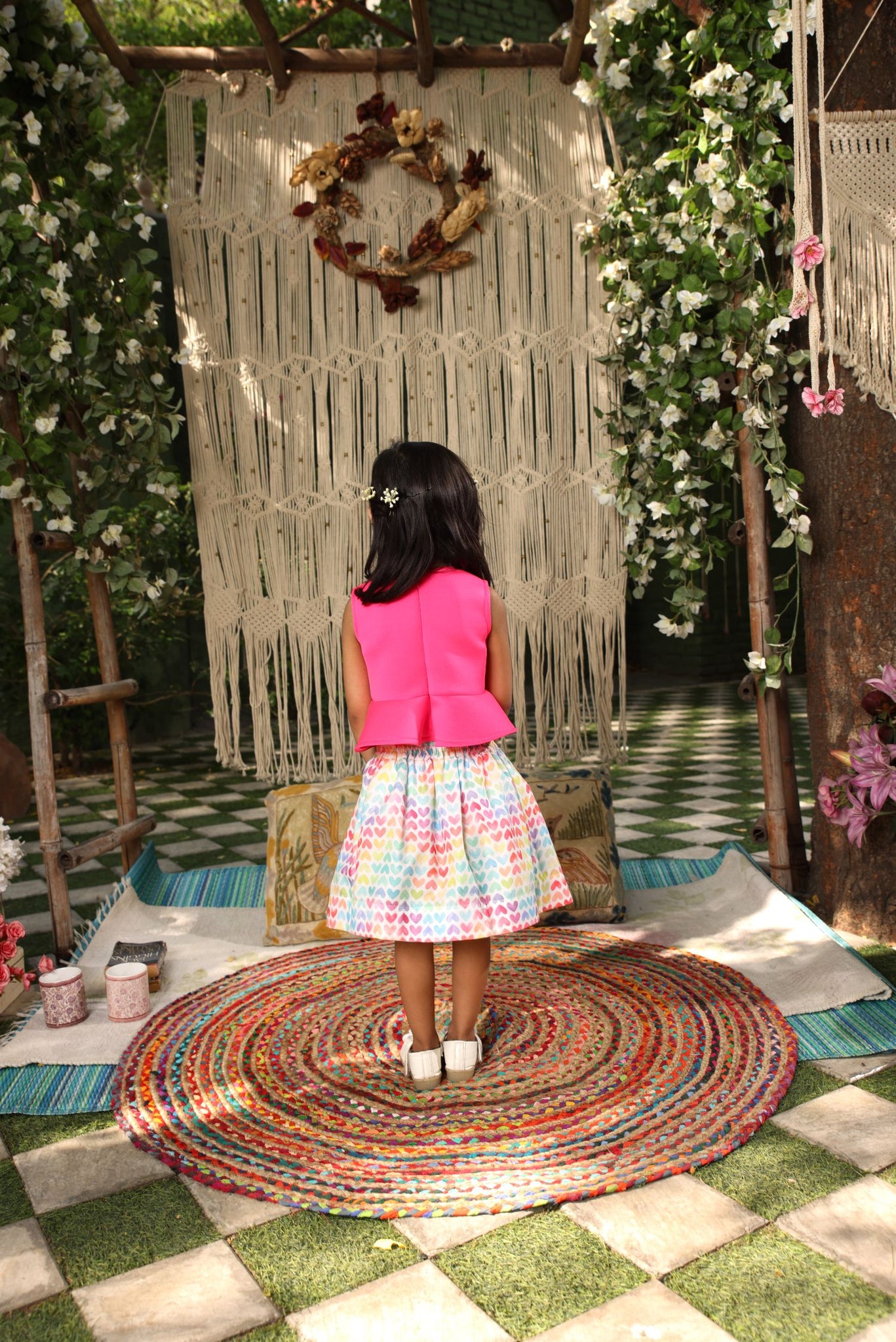 Pink Lycra Top With Printed Skirt