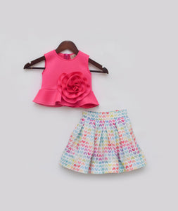 Pink Lycra Top With Printed Skirt