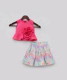 Pink Lycra Top With Printed Skirt