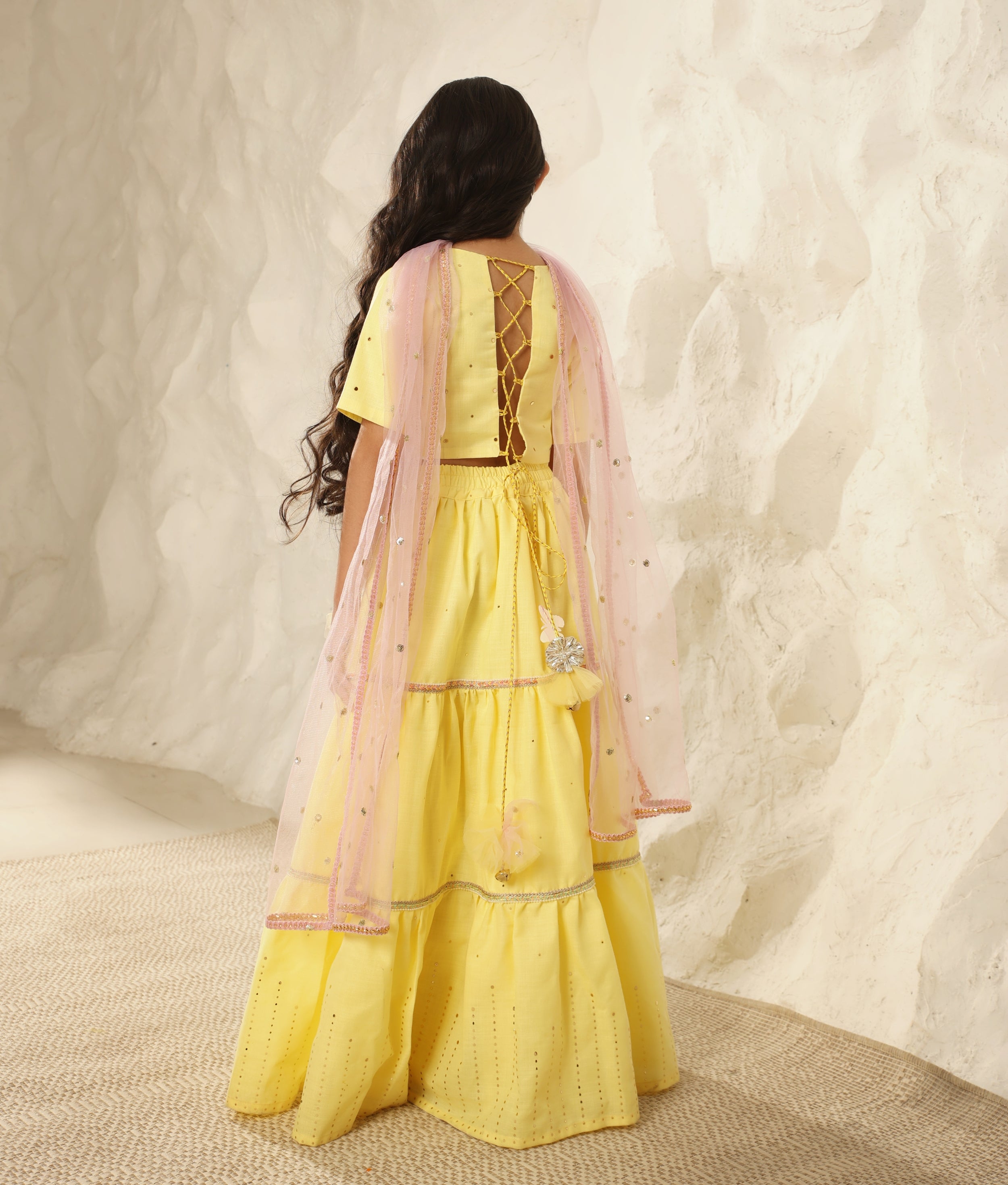 Yellow Faux Mukaish work Top & Skirt