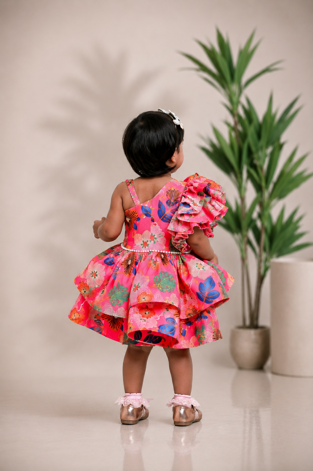 PINK PRINTED ONE SHOULDER DRESS
