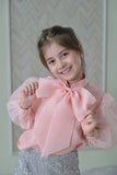 Peach Bow Organza Top With Silver Sequence Skirt Set