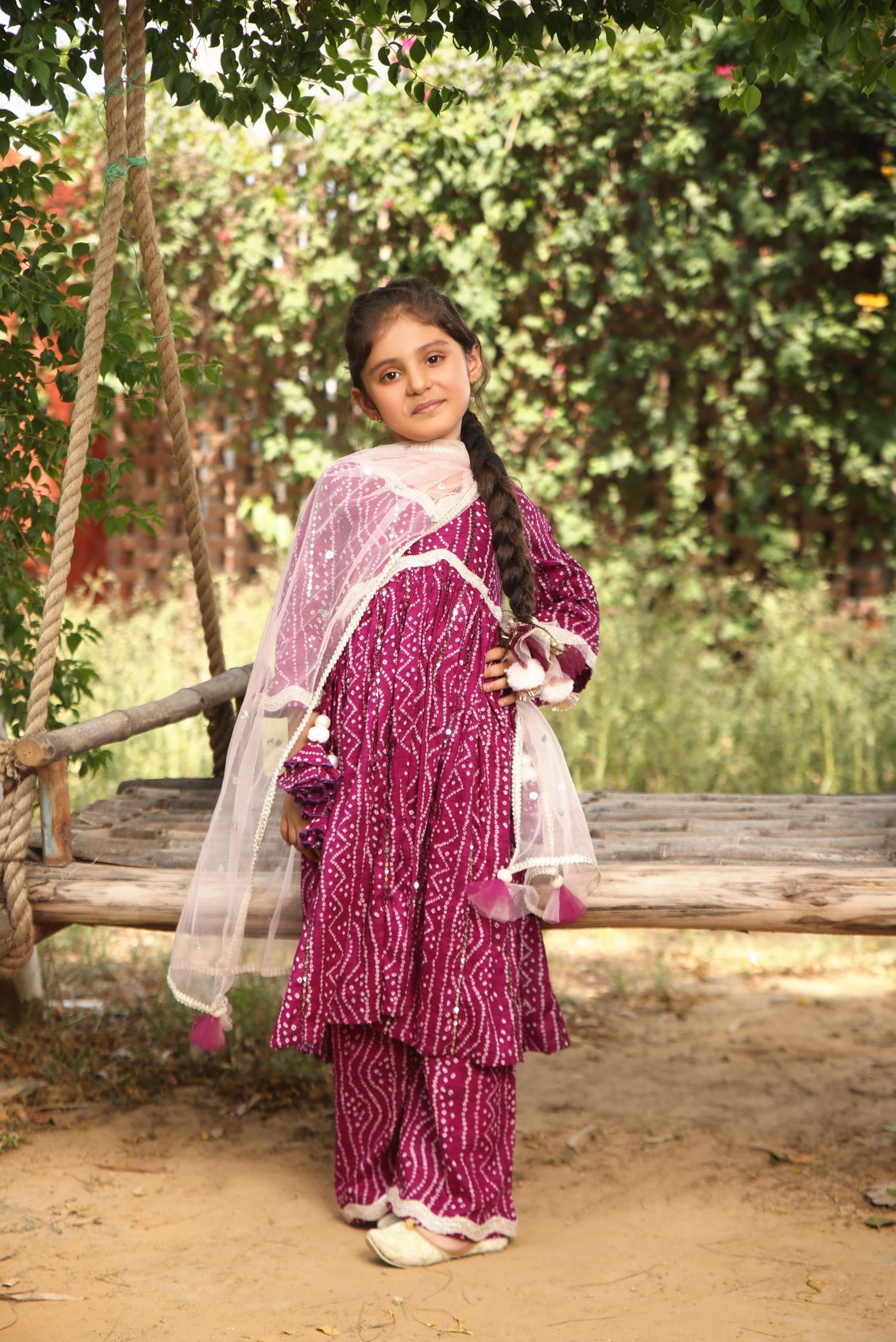 Purple Bandhaj Kurti With Pant