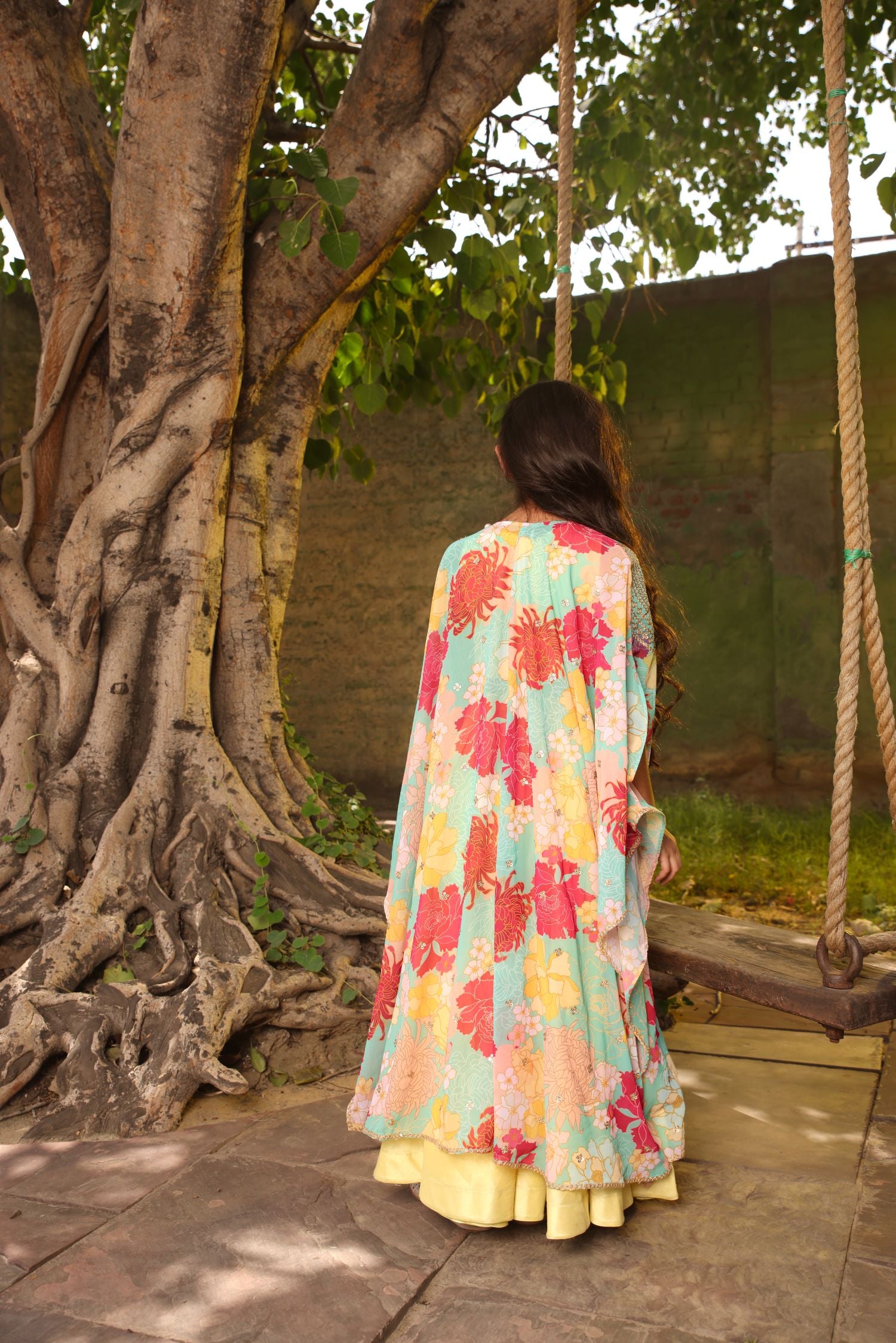 Yellow Crop Top With Pant And Printed Cape