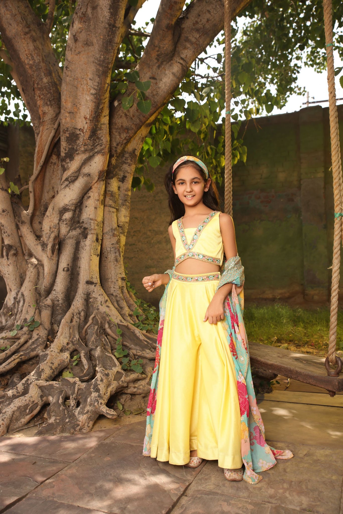 Yellow Crop Top With Pant And Printed Cape