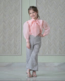 Peach Bow Organza Top With Silver Sequence Skirt Set