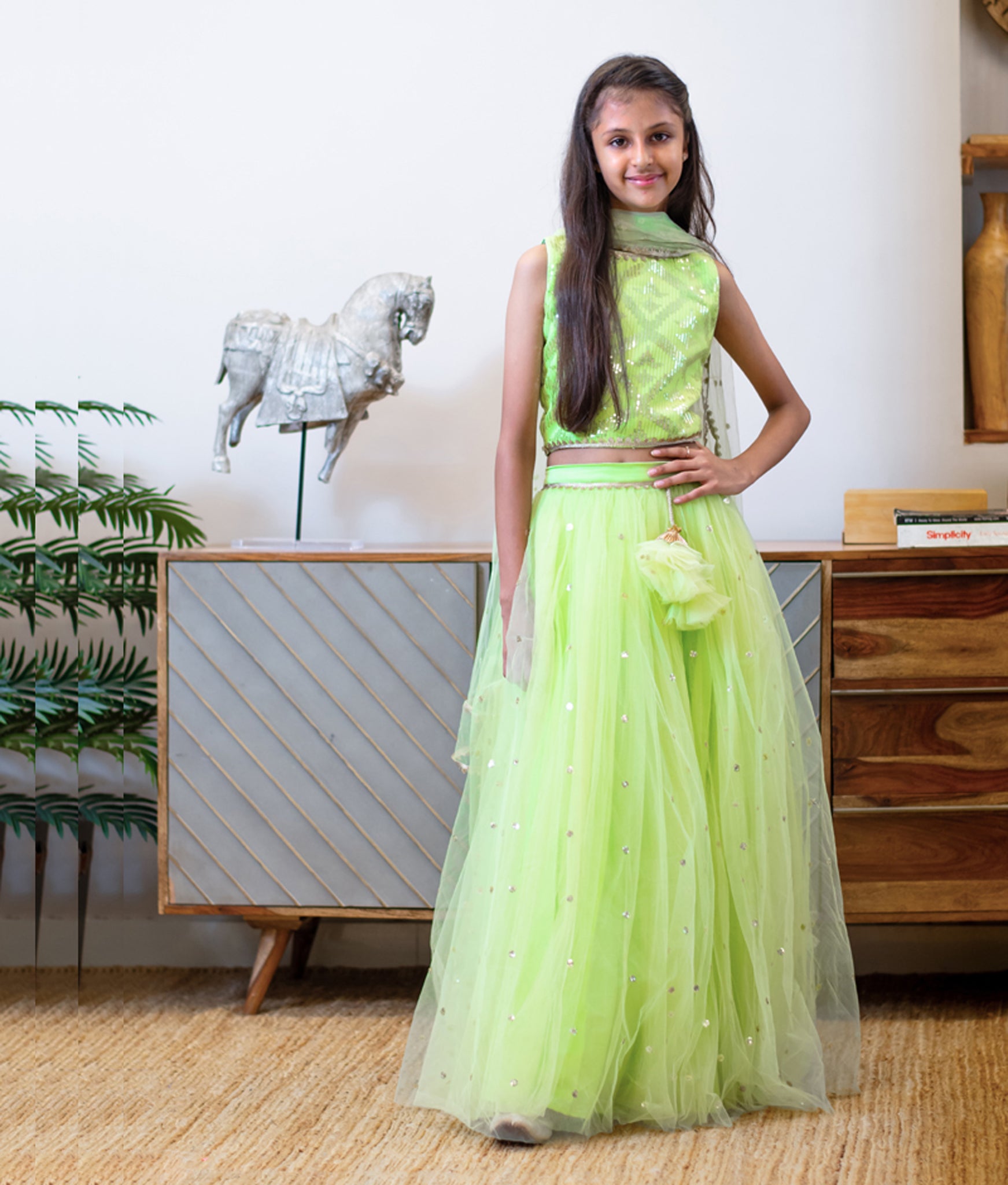 Green Boti Net Lehenga Set