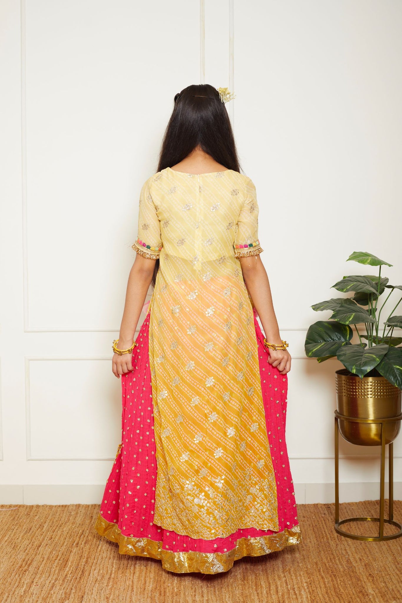 Yellow Bandhaj Kurti With Crinkle Skirt