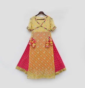 Yellow Bandhaj Kurti With Crinkle Skirt