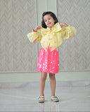 Yellow Organza Top With Fuchsia Pink Sequence Skirt Set