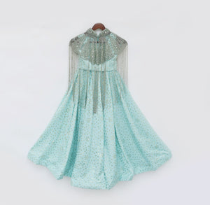 Aqua Crop Top With Pant And Embroidered Cape