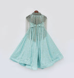 Aqua Crop Top With Pant And Embroidered Cape