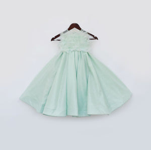 Pista Green Gown With Fur On Yoke