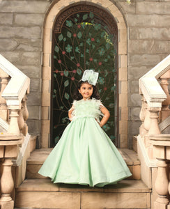 Pista Green Gown With Fur On Yoke