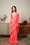 Embroidered Blouse With Coarl Peach Stitched Saree