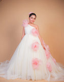 Off White & Pink Floral Trail Ball Gown
