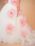 Off White & Pink Floral Trail Ball Gown