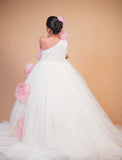 Off White & Pink Floral Trail Ball Gown