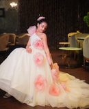 Off White & Pink Floral Trail Ball Gown