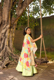 Green Anarkali Pant With Printed Cape