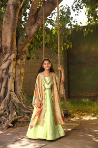 Green Anarkali Pant With Printed Cape