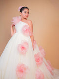 Off White & Pink Floral Trail Ball Gown