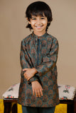 Chanderi Hand Block Printed Kurta Set in Olive Green