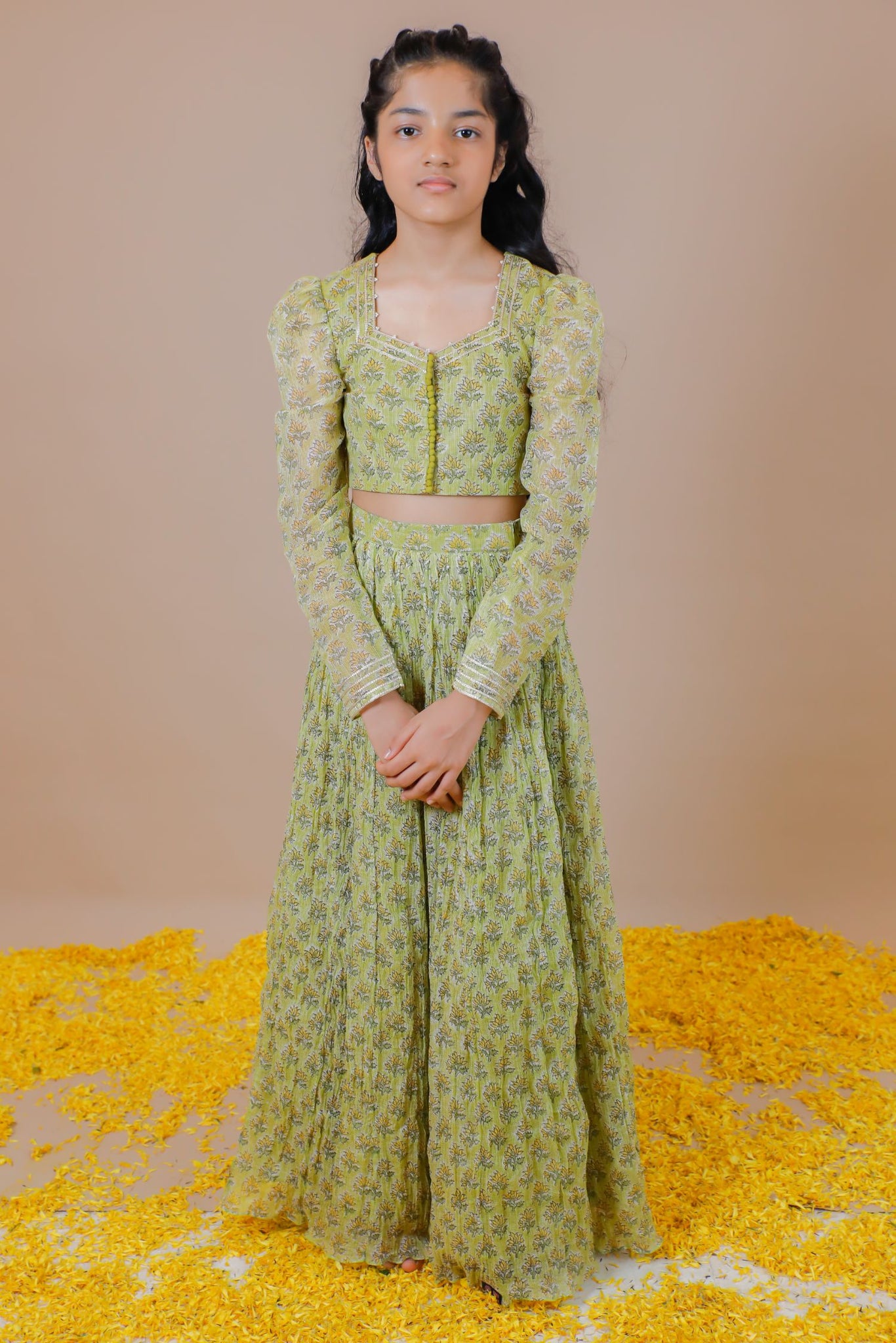 Handblock Printed Kota Doria Lehenga Crop top Set