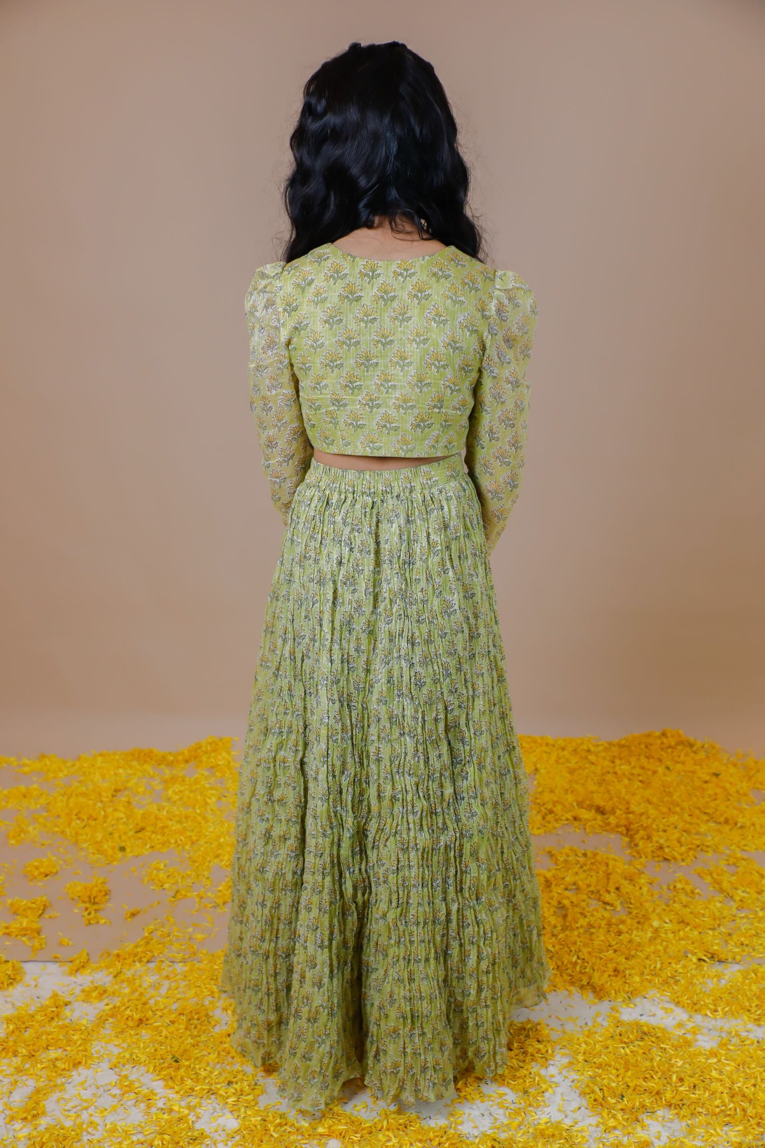 Handblock Printed Kota Doria Lehenga Crop top Set