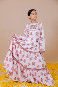 Handblock Printed Tiered Lehenga Crop Top Set With Hand Embroidered Yoke