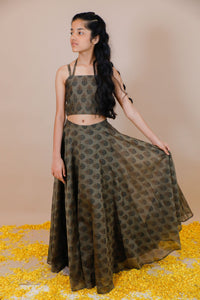 Handblock Printed Chanderi Lehenga With Halter Neck Crop Top