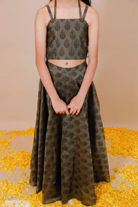 Handblock Printed Chanderi Lehenga With Halter Neck Crop Top