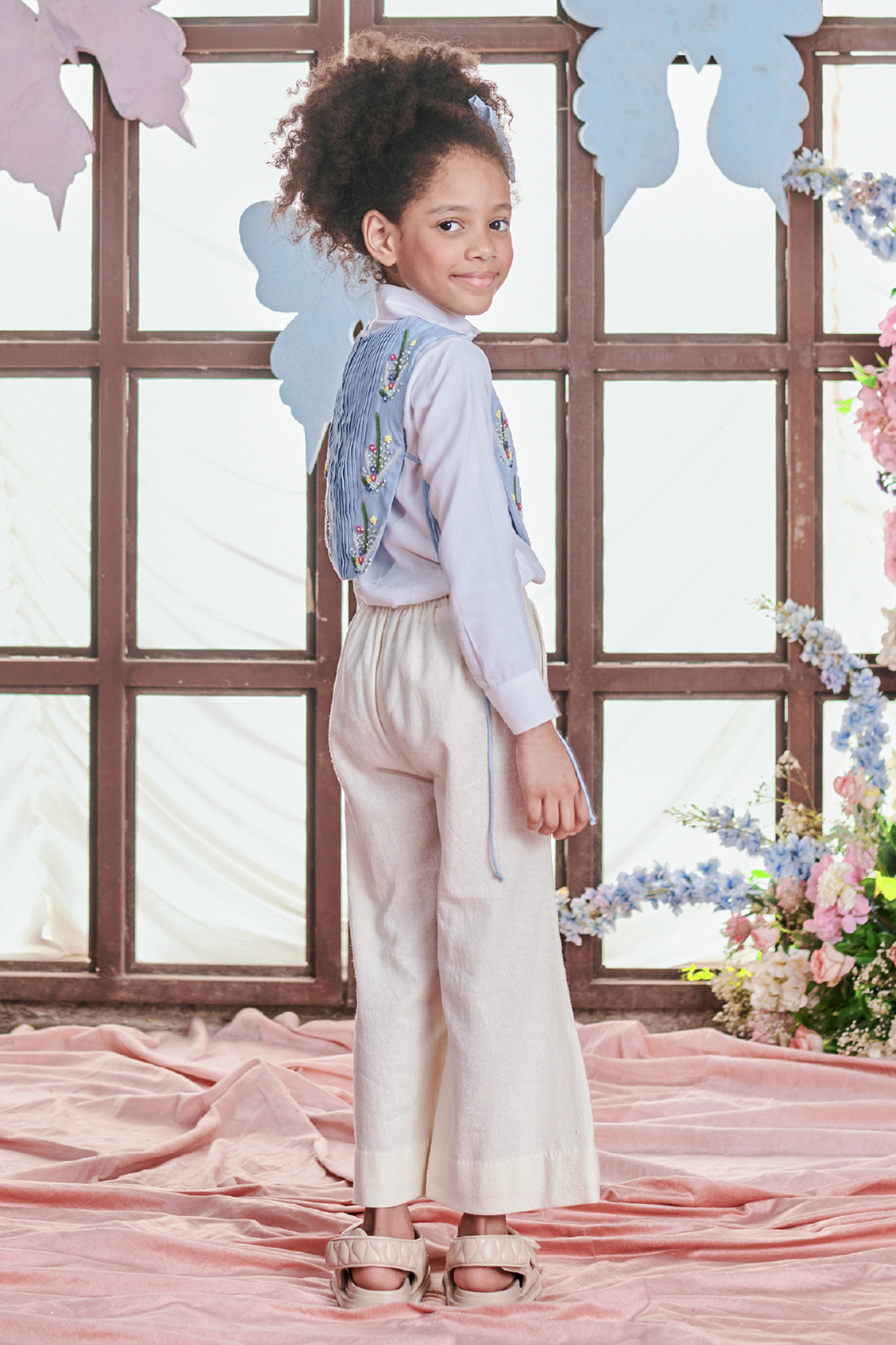 Gaia Thread Embroidered Bib With Bell Bottom Pants And Shirt- Set Of 3