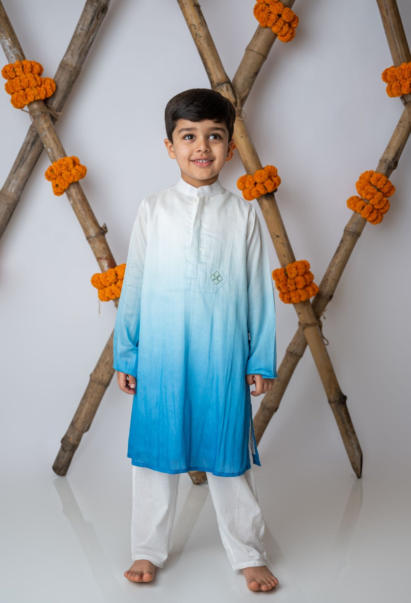 Cobalt Shaded Kurta With Motif Set For Boys