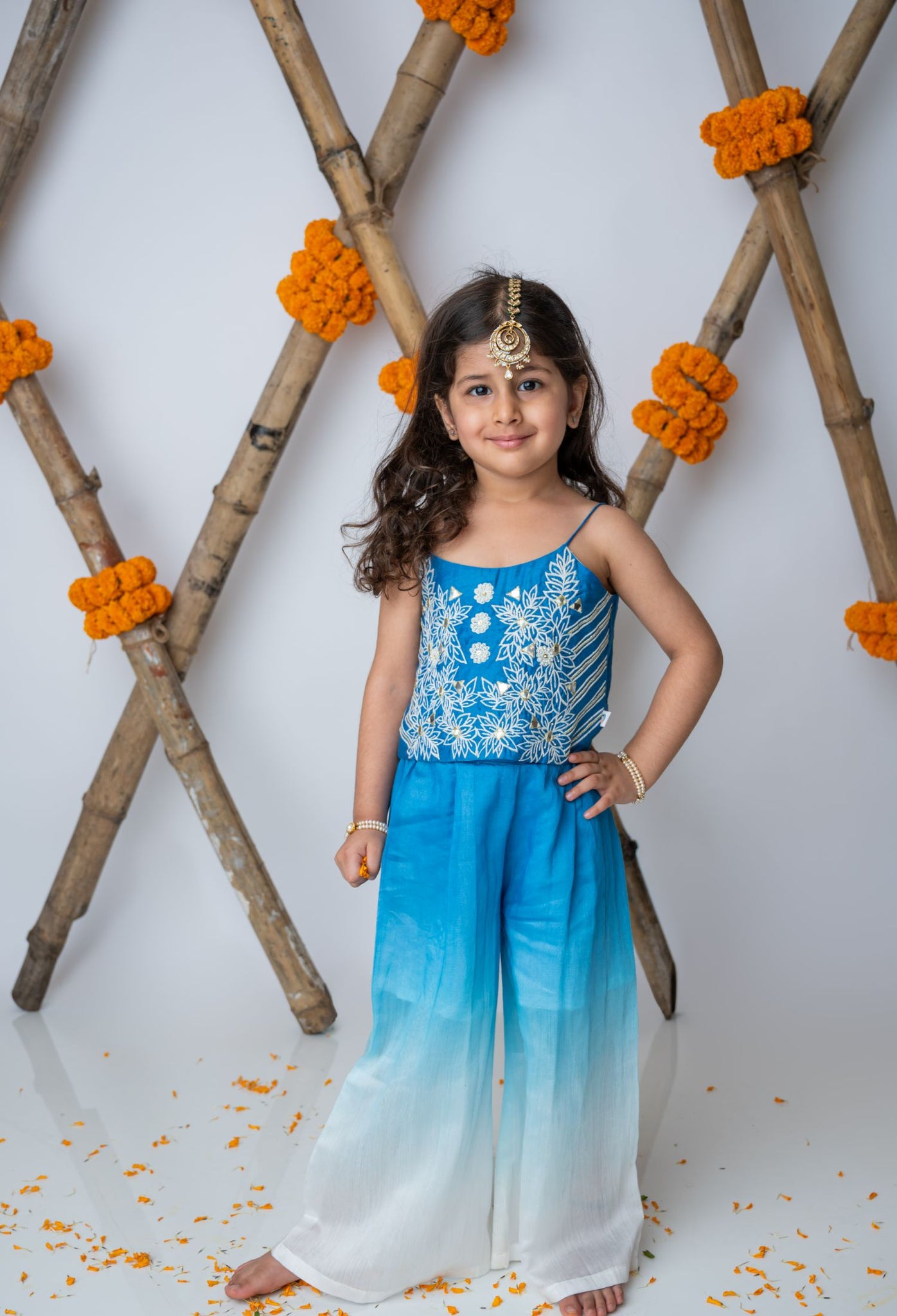 Cobalt Embroidered Crop Top With Shaded Pants For Girls