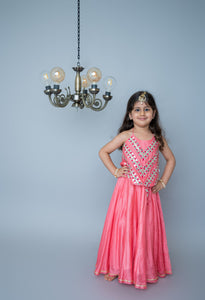 Coral Mirror Embroidery Halter Lehenga For Girls