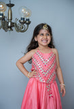 Coral Mirror Embroidery Halter Lehenga For Girls