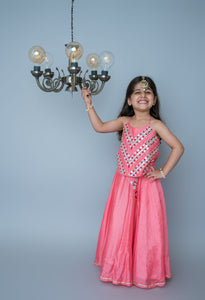 Coral Mirror Embroidery Halter Lehenga For Girls