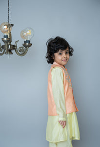 Peach Mirror Embroidery Bandhgala Set For Boys