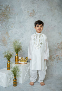 Ivory Mirror Embroidery Kurta Set Fort Boys