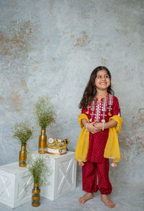 Deep Ruby Mirror Yoke Kurta Set For Girls