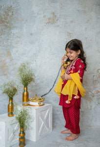 Deep Ruby Mirror Yoke Kurta Set For Girls