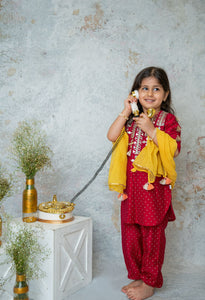 Deep Ruby Mirror Yoke Kurta Set For Girls