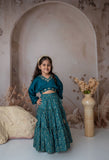 Teal Stylish Crop Top With Tiered-Lehenga For Girls