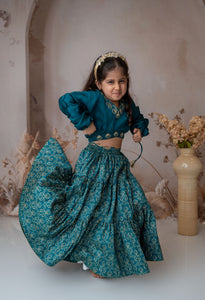 Teal Stylish Crop Top With Tiered-Lehenga For Girls